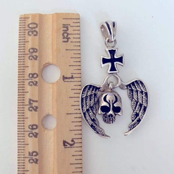 925 Silver skull angel wings pendant iron cross unisex - Picture 3 of 6